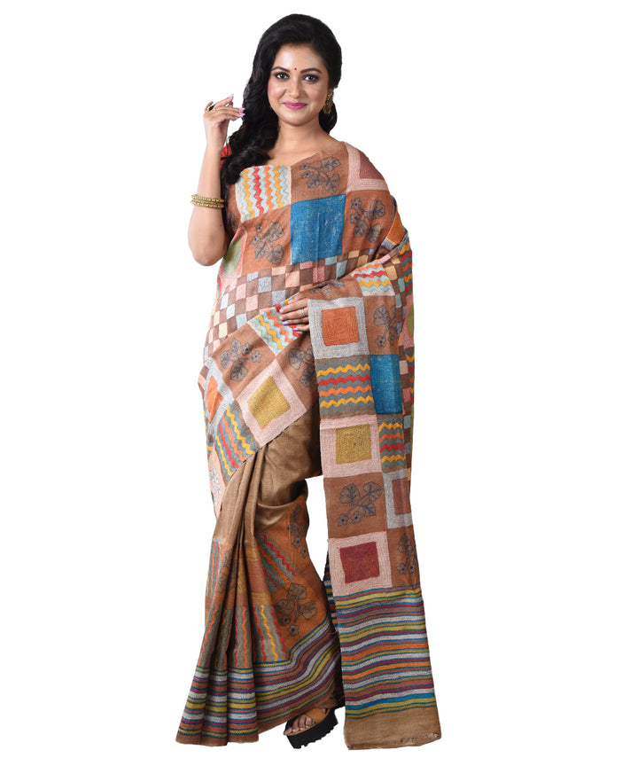 Brown multicolor hand kantha stitched tussar silk saree