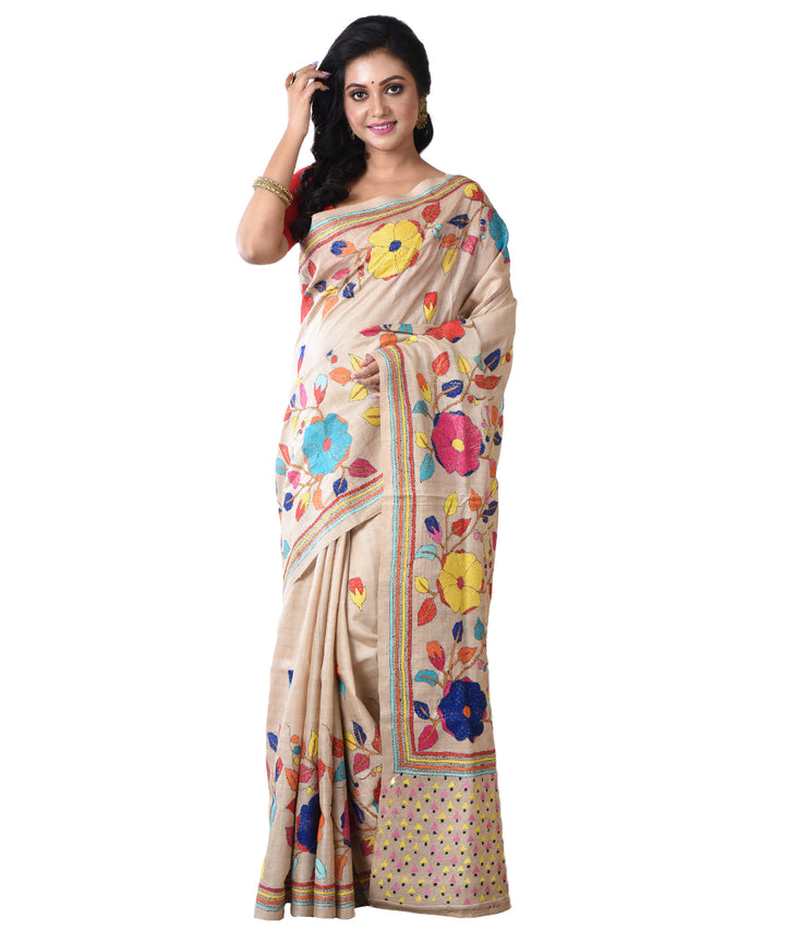 Beige multicolor flower hand kantha stitched tussar silk saree
