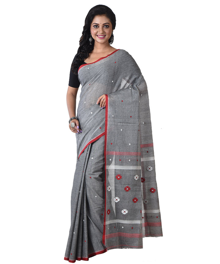 Grey red handloom shantipuri cotton saree