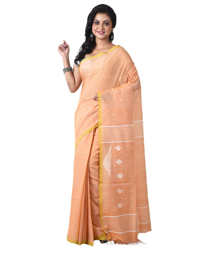 Orange white handloom cotton shantipuri saree