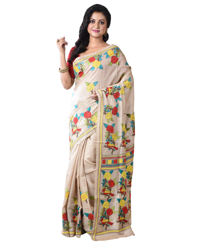Beige red tussar silk hand kantha stitched saree