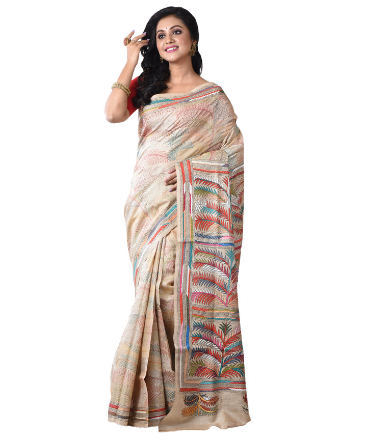 Beige hand kantha stitched bengal tussar silk saree