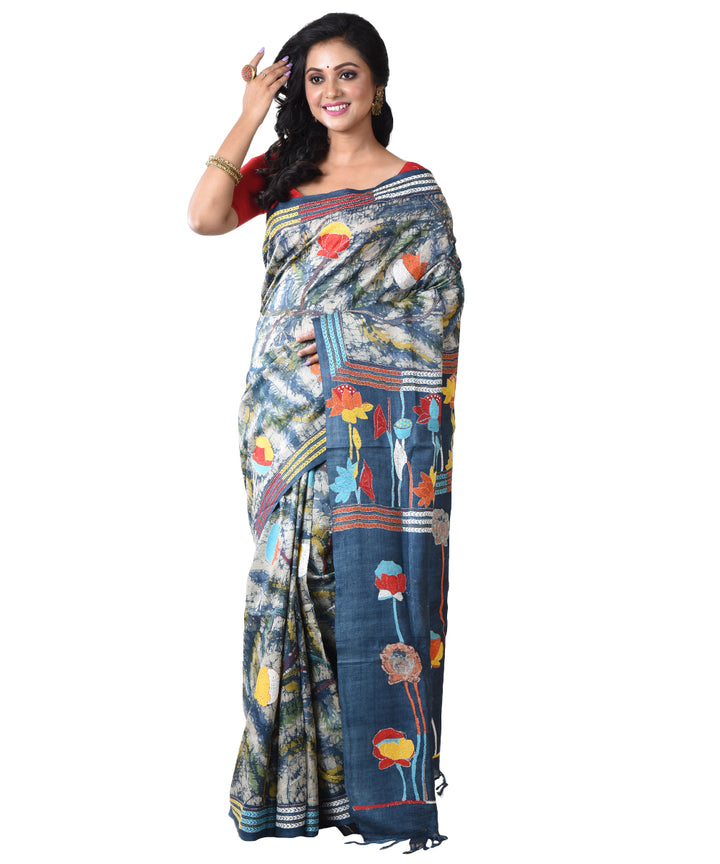 Turquoise hand kantha stitched tussar silk saree