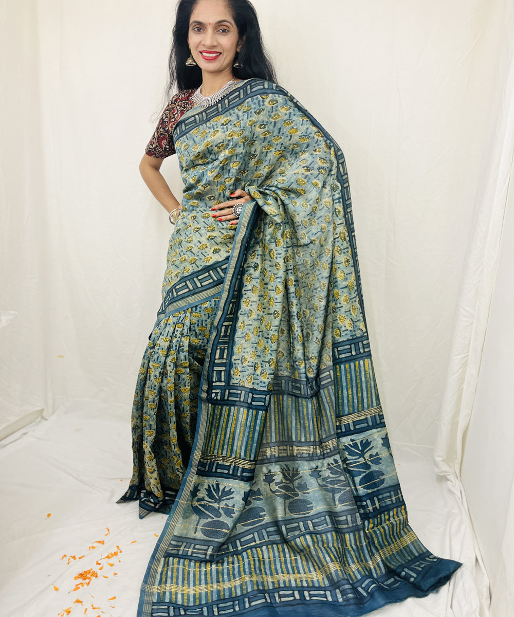 Sea green hand block ajrakh dabu printed chanderi sico saree