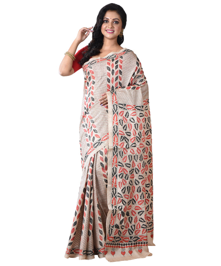 Beige floral hand kantha stitched tussar silk saree