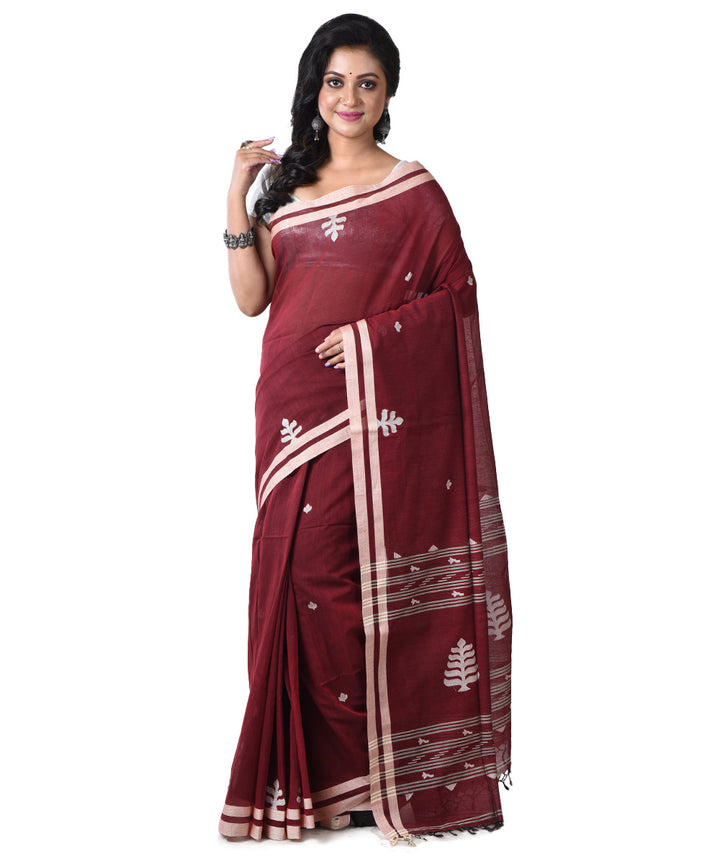 Maroon white handloom cotton shantipuri saree