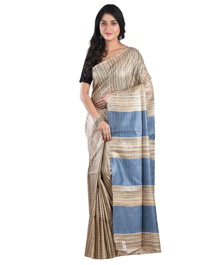 Beige grey handwoven tussar silk saree