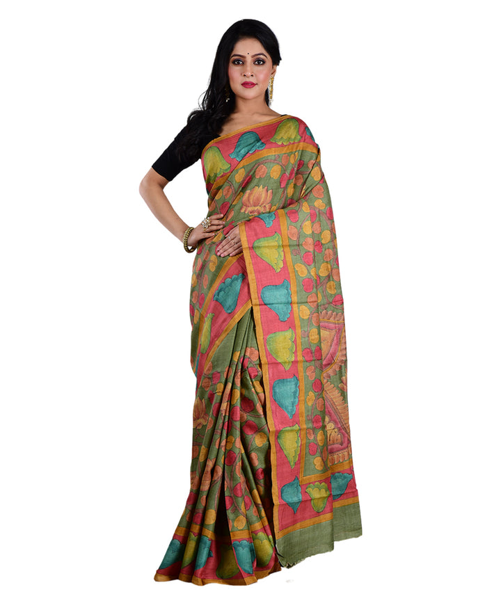 Multicolor olive green hand printed tussar silk saree