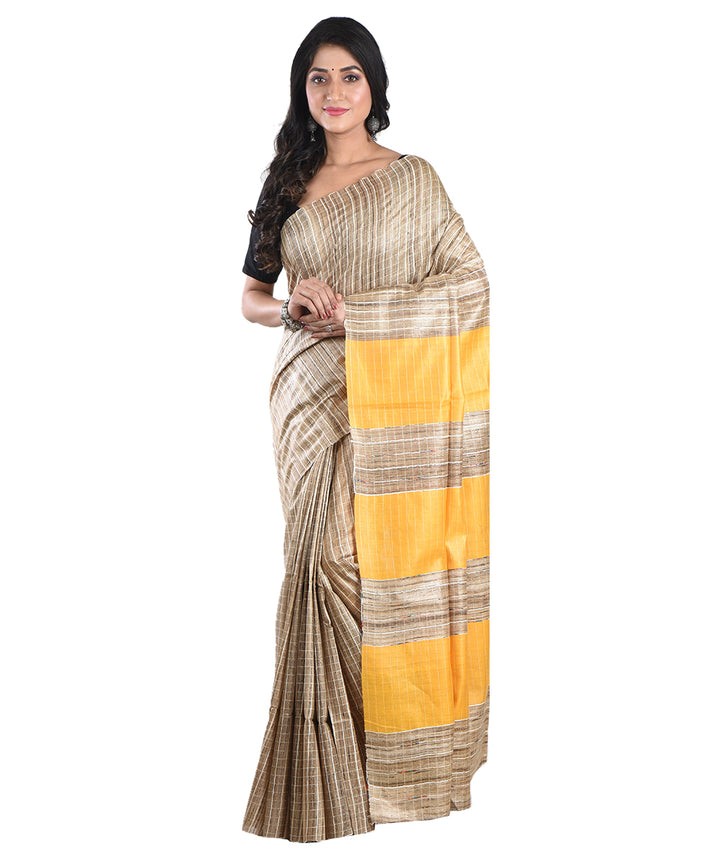 Beige yellow handwoven tussar silk saree