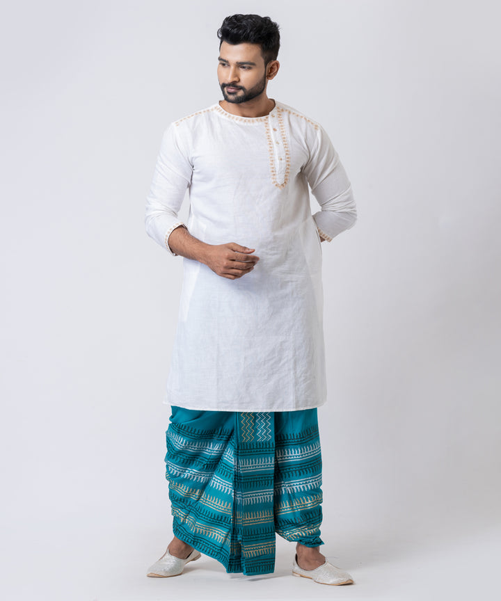 Teal green hand block printed cotton rayon dhoti