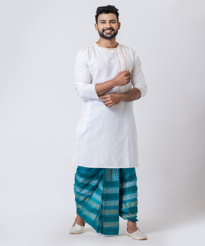 Teal green hand block printed cotton rayon dhoti