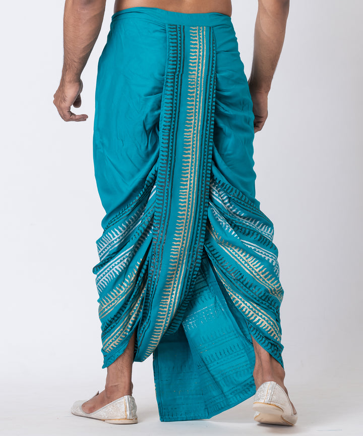 Teal green hand block printed cotton rayon dhoti