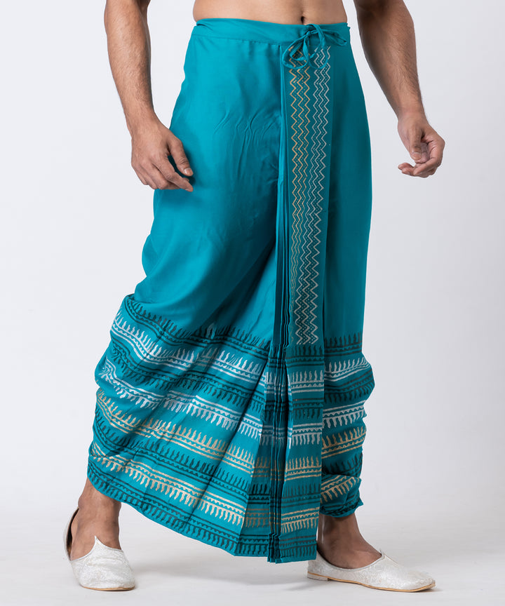 Teal green hand block printed cotton rayon dhoti