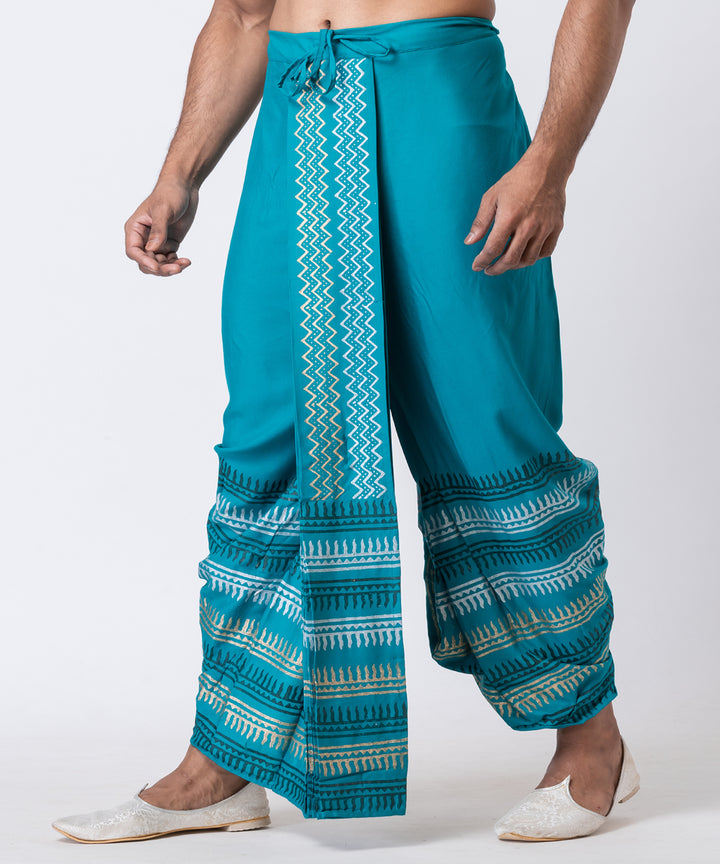 Teal green hand block printed cotton rayon dhoti