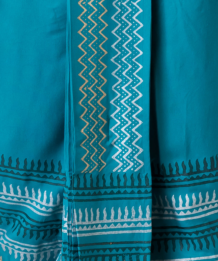 Teal green hand block printed cotton rayon dhoti