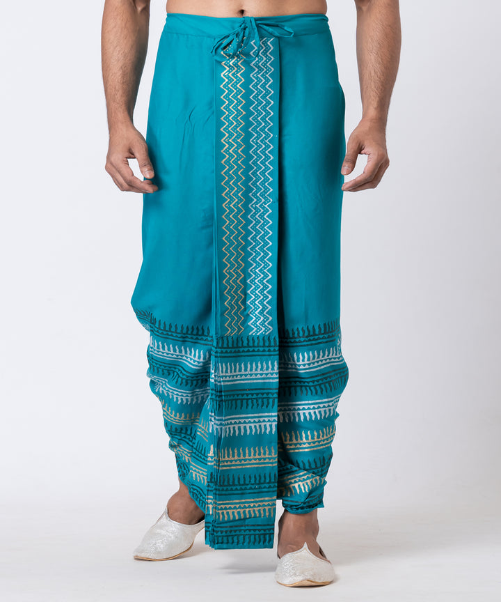 Teal green hand block printed cotton rayon dhoti