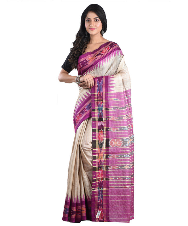 Beige purple handwoven tussar silk saree