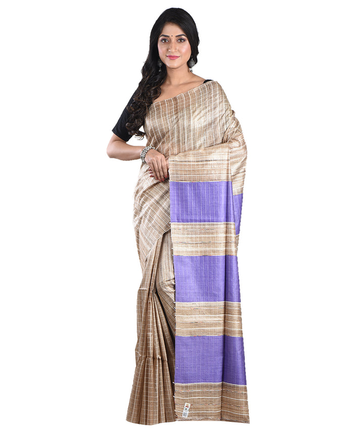 Beige violet handwoven tussar silk saree