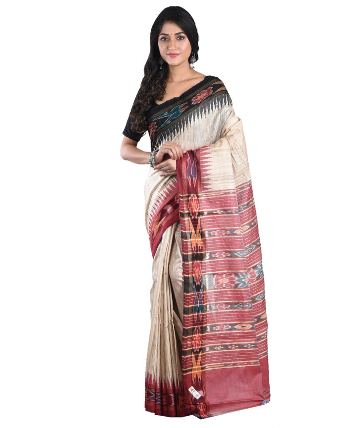 Beige red tussar silk handloom saree