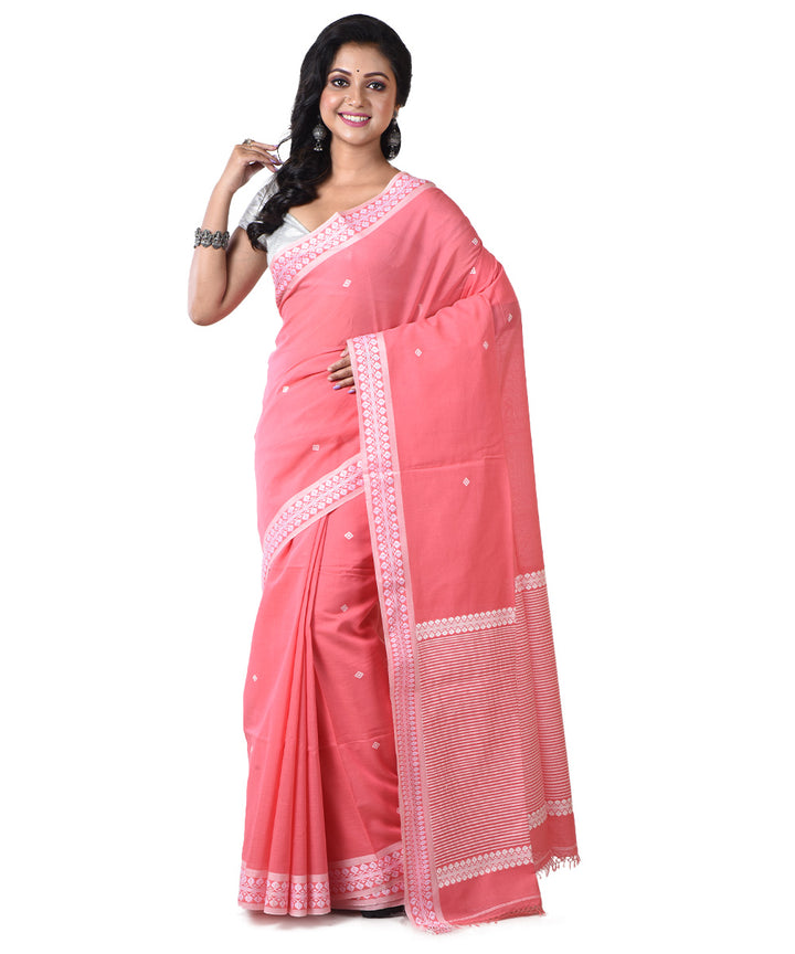 Pink white handloom cotton shantipuri saree