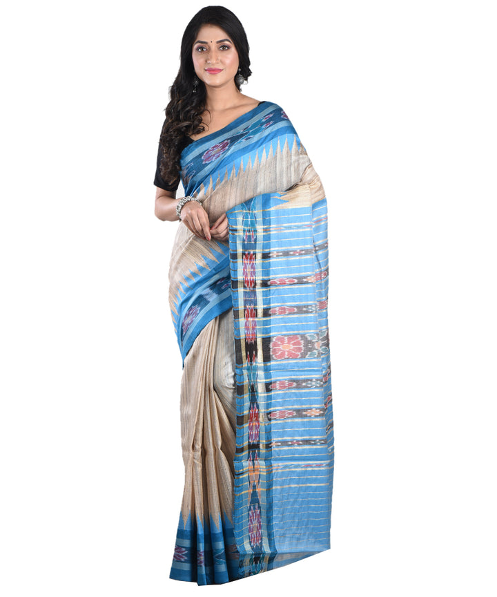 Beige cyan blue handwoven tussar silk saree