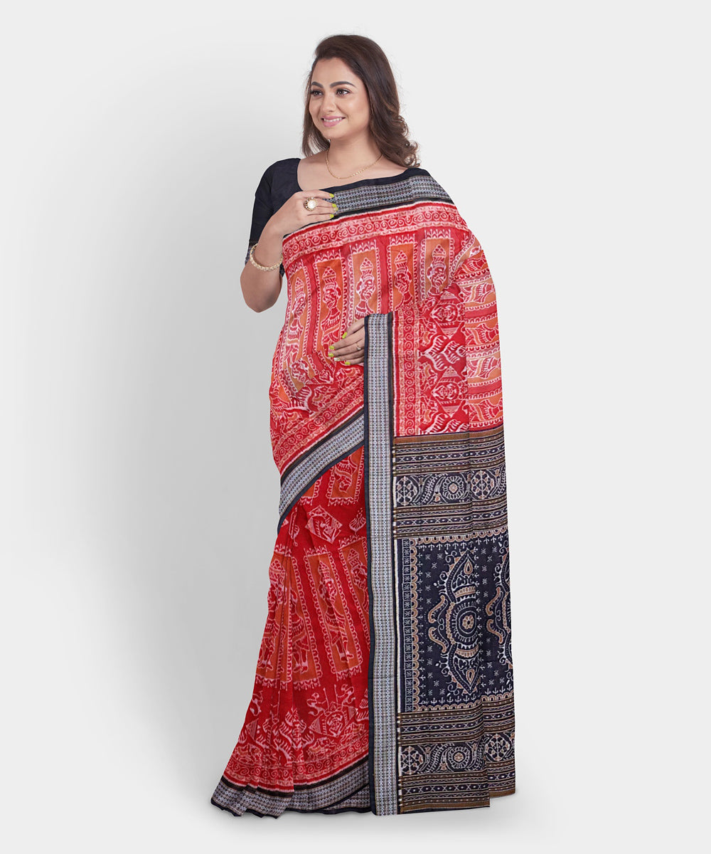 Ruby red black cotton handwoven sambalpuri saree