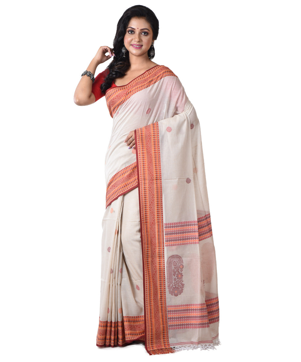 Beige orange handloom cotton shantipuri saree