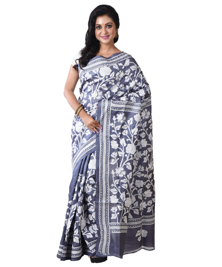 Grey white hand kantha stitched tussar silk saree