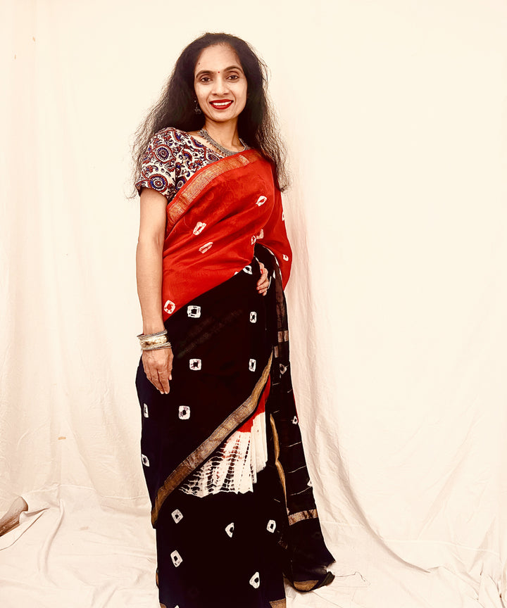 Red black hand block bandhani print maheswari sico saree
