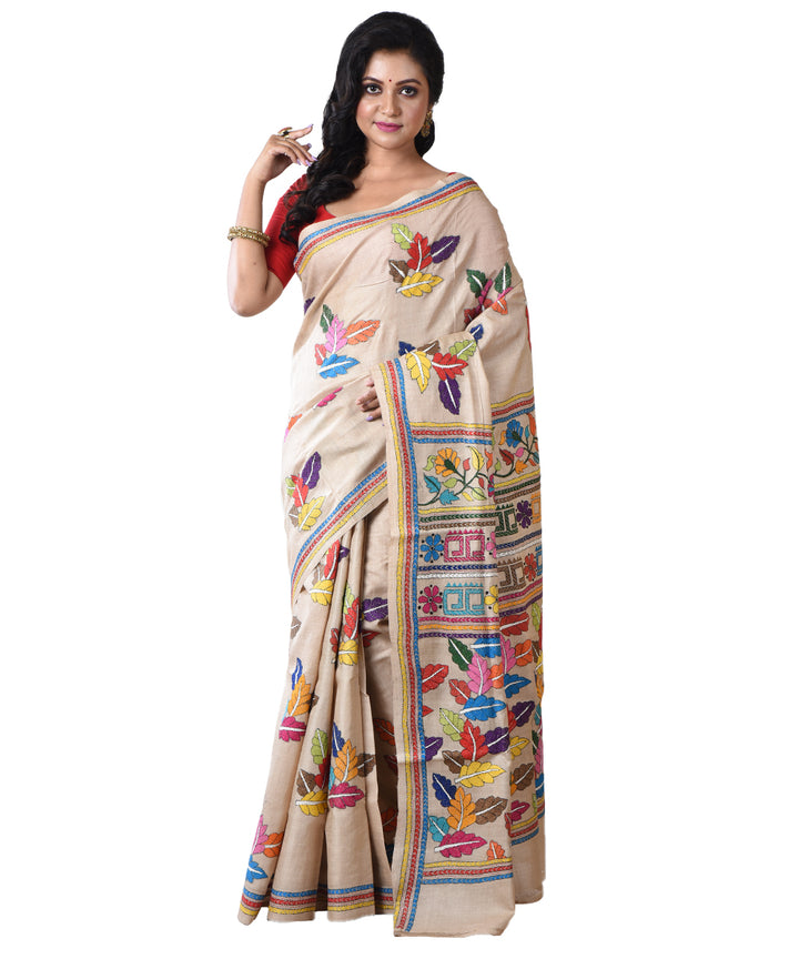 Beige multicolor silk hand kantha stitched saree