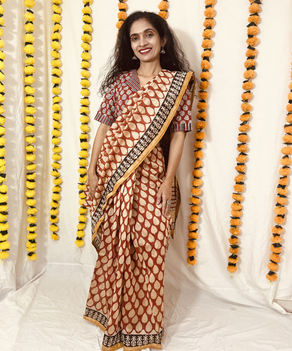 Beige red hand block bagru print chanderi sico saree