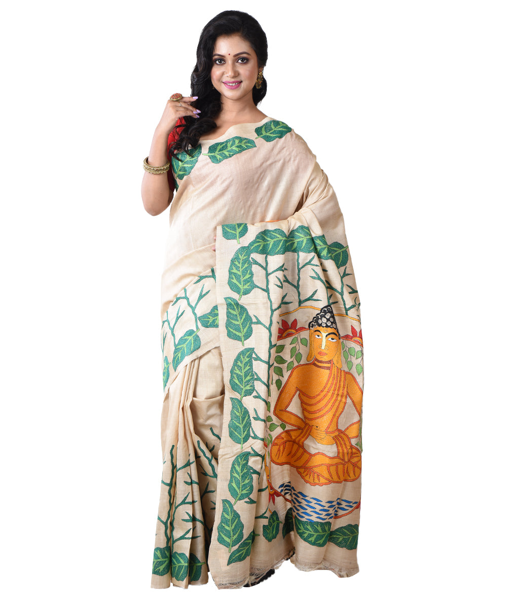 Beige yellow hand kantha stitched tussar silk saree