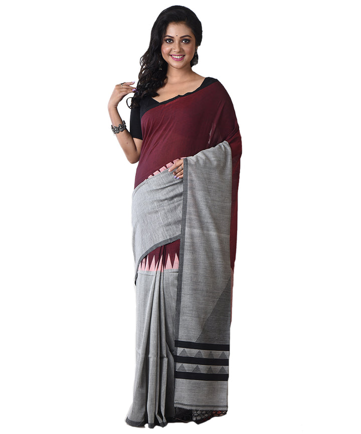 Maroon grey handloom shantipuri cotton saree