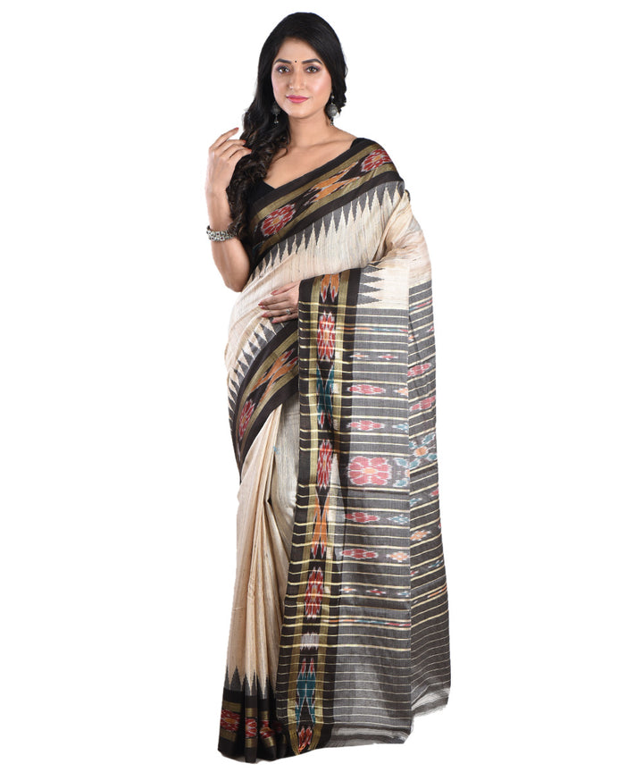 Beige black tussar silk handwoven saree