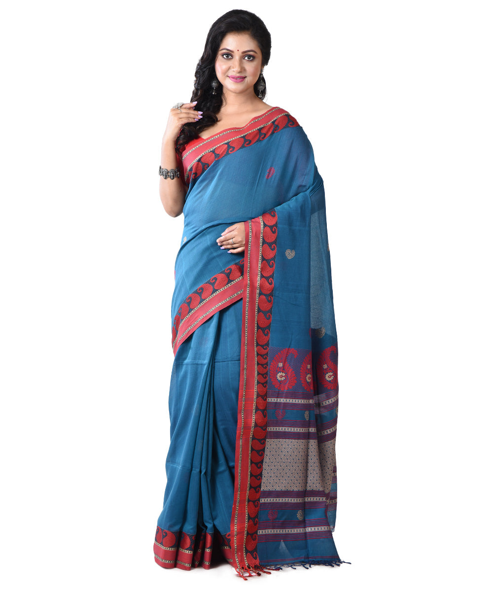 Cyan blue red handloom cotton shantipuri saree