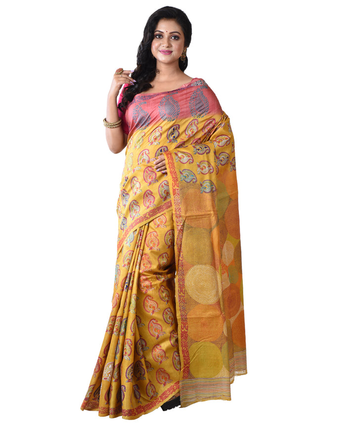 Mustard all over hand kantha stitched tussar silk saree