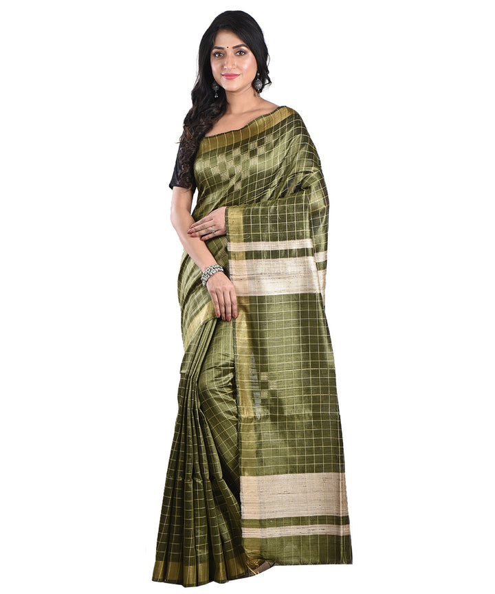 Dark green beige handwoven tussar silk saree