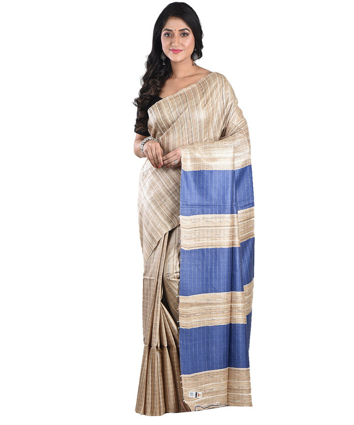Beige navy blue handwoven tussar silk saree
