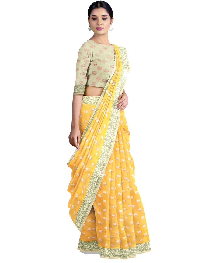 Yellow green cotton silk hand printed maheshwari saree