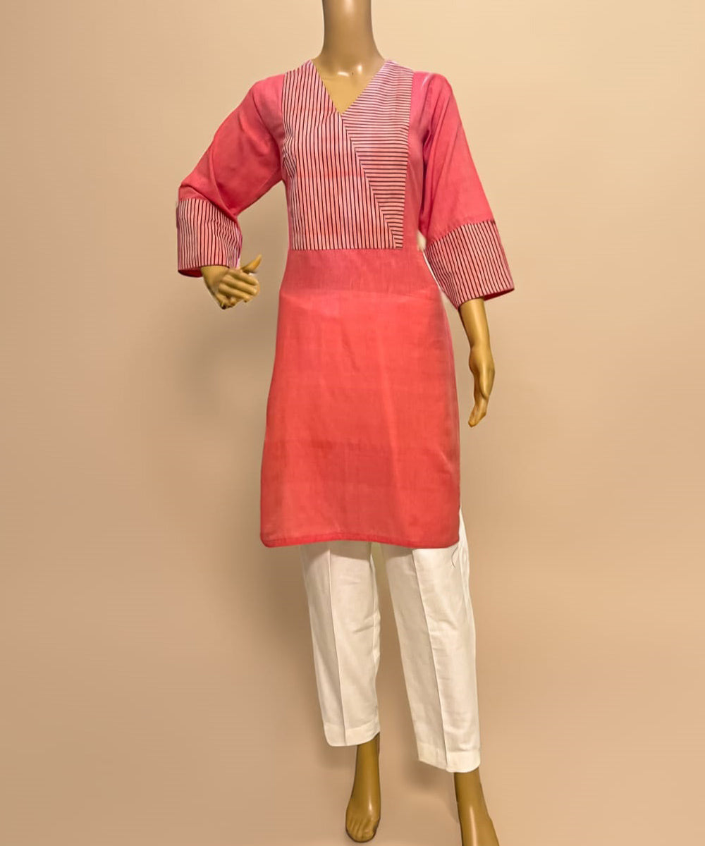 Pink handwoven cotton patchwork short kurta