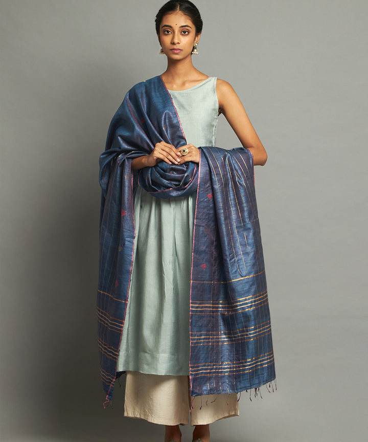 Deep blue tussar silk hand woven kosa dupatta