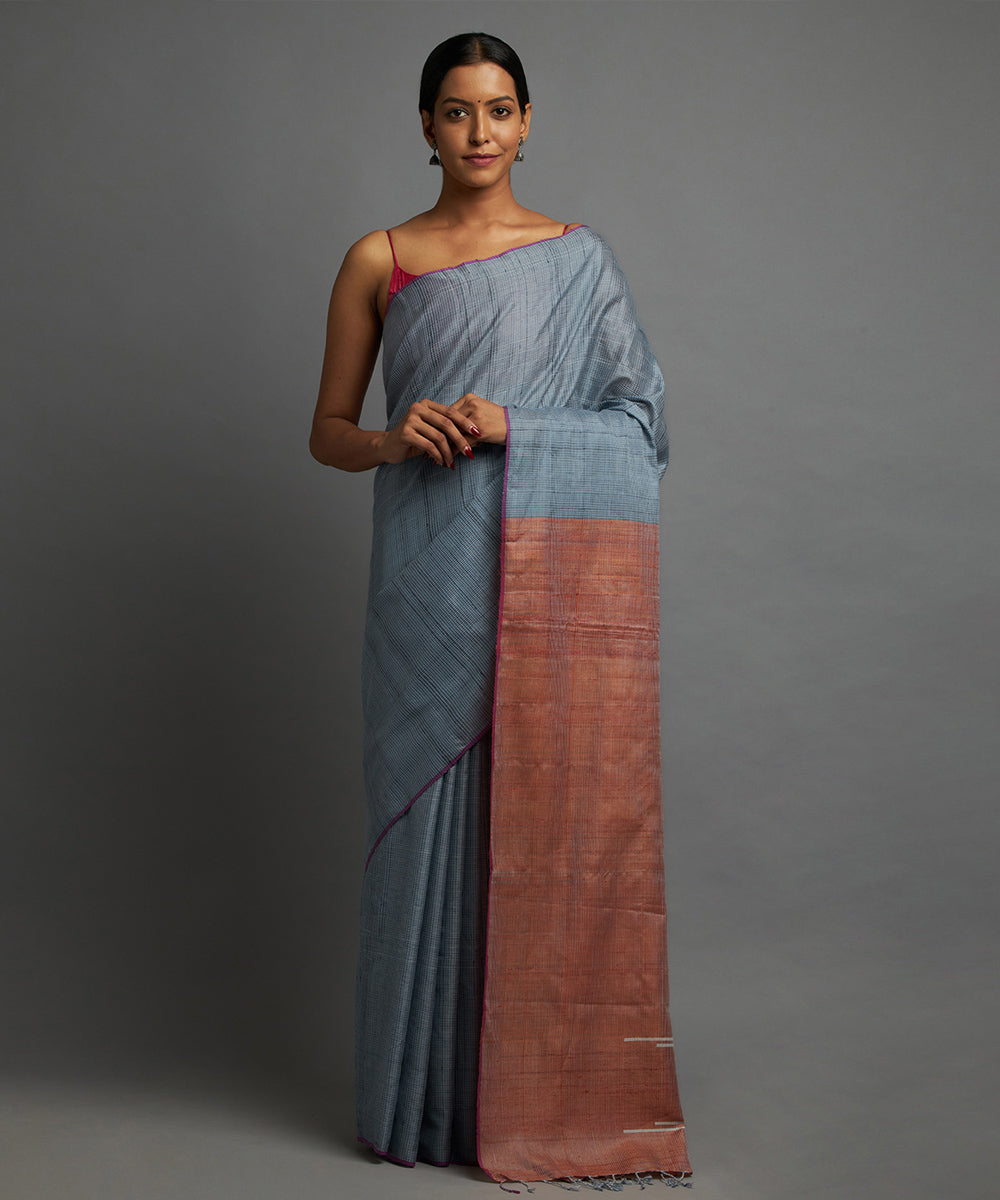 Dusky Blue Brown Kosa Handloom Chhattisgarh Silk Saree GoSwadeshi dusky-blue-brown-kosa-handloom-chhattisgarh-silk-saree-goswadeshi
