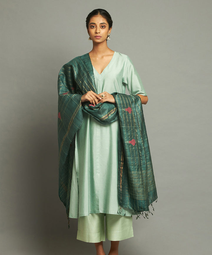 Dark green tussar silk handwoven kosa dupatta