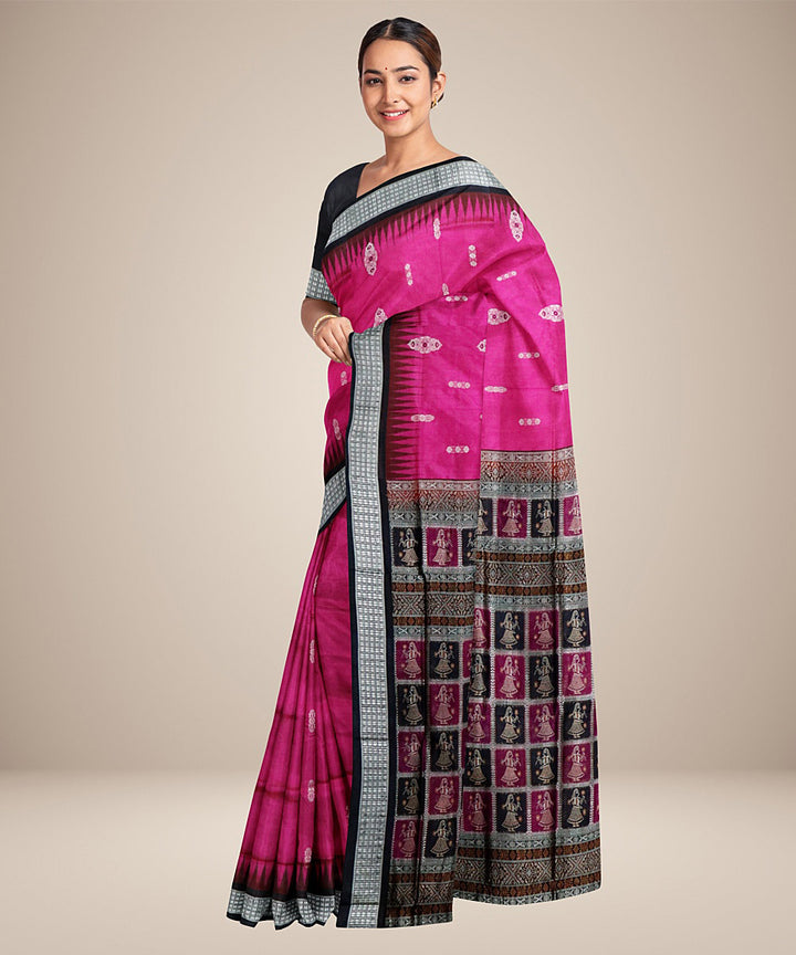 Dogwood rose pink black silk handwoven bomkai saree