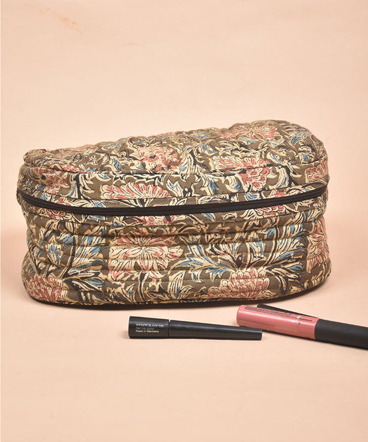 Olive green hand crafted cotton kalamakri make up pouch