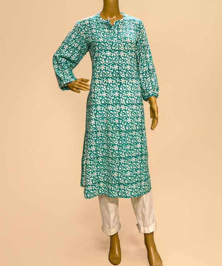 Green hand block printed cotton long kurti