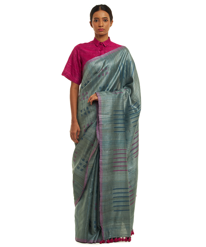 Handwoven natural undyed kosa saree with multicolour motifs