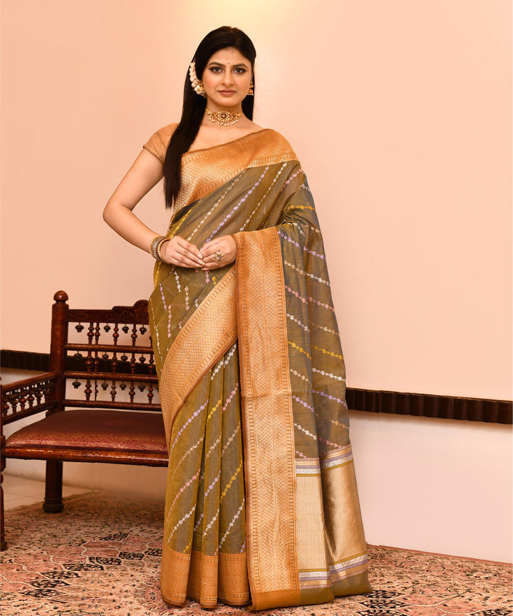 Grey yellow dual tone silk handwoven banarasi saree