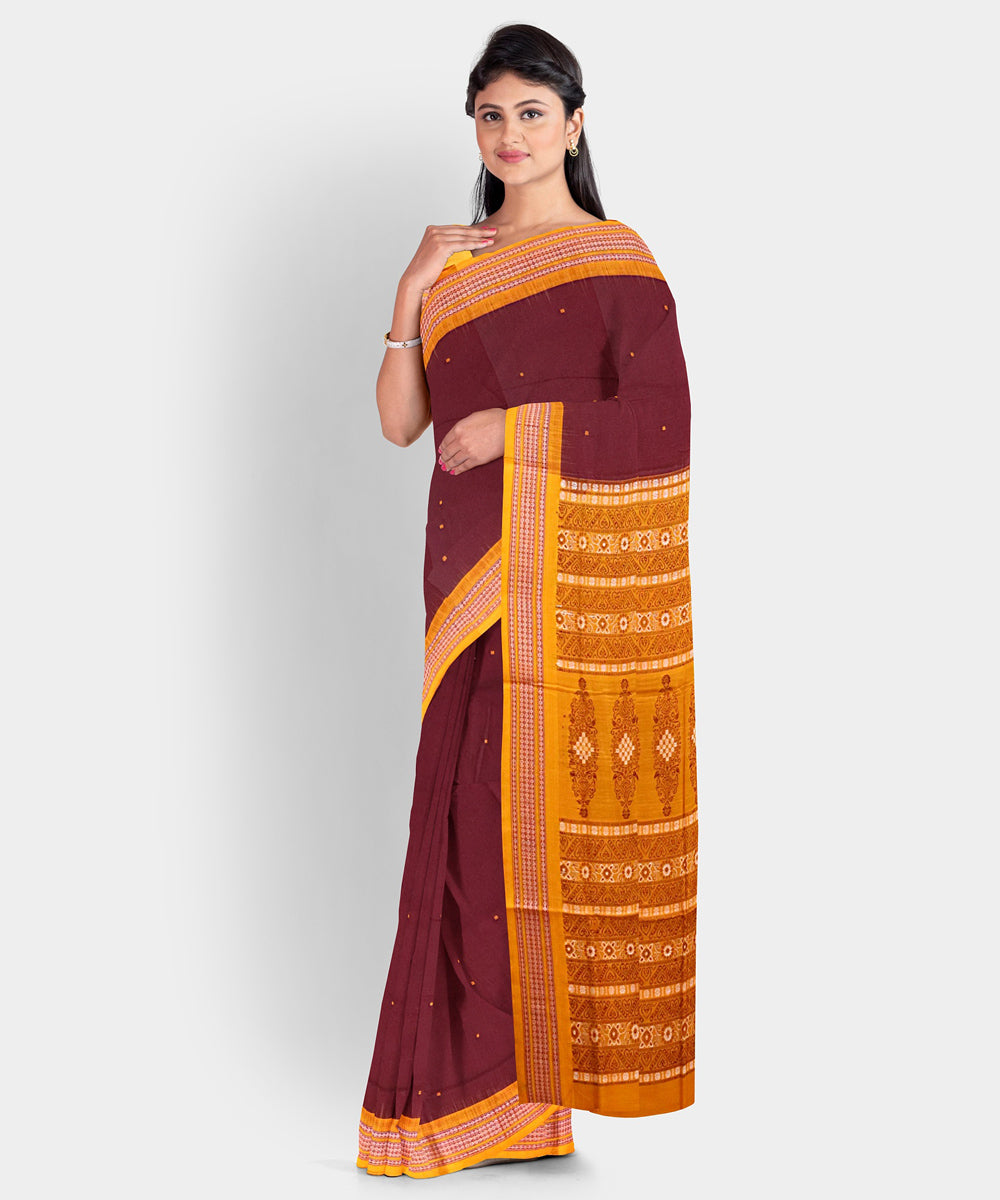 Chocolate cosmos metallic orange cotton handwoven bomkai saree
