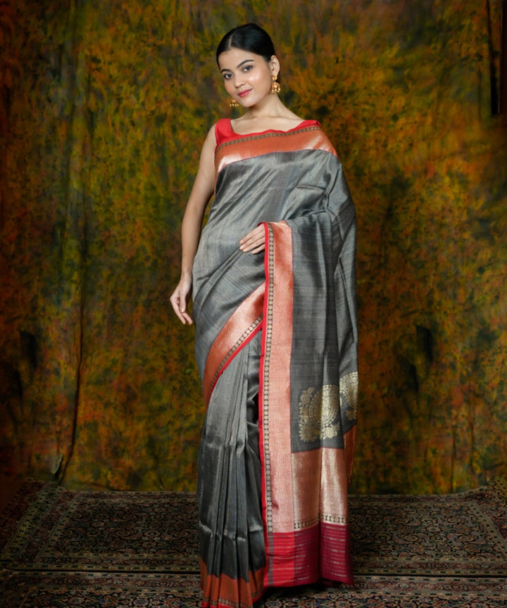 Steel grey handwoven banarasi silk saree